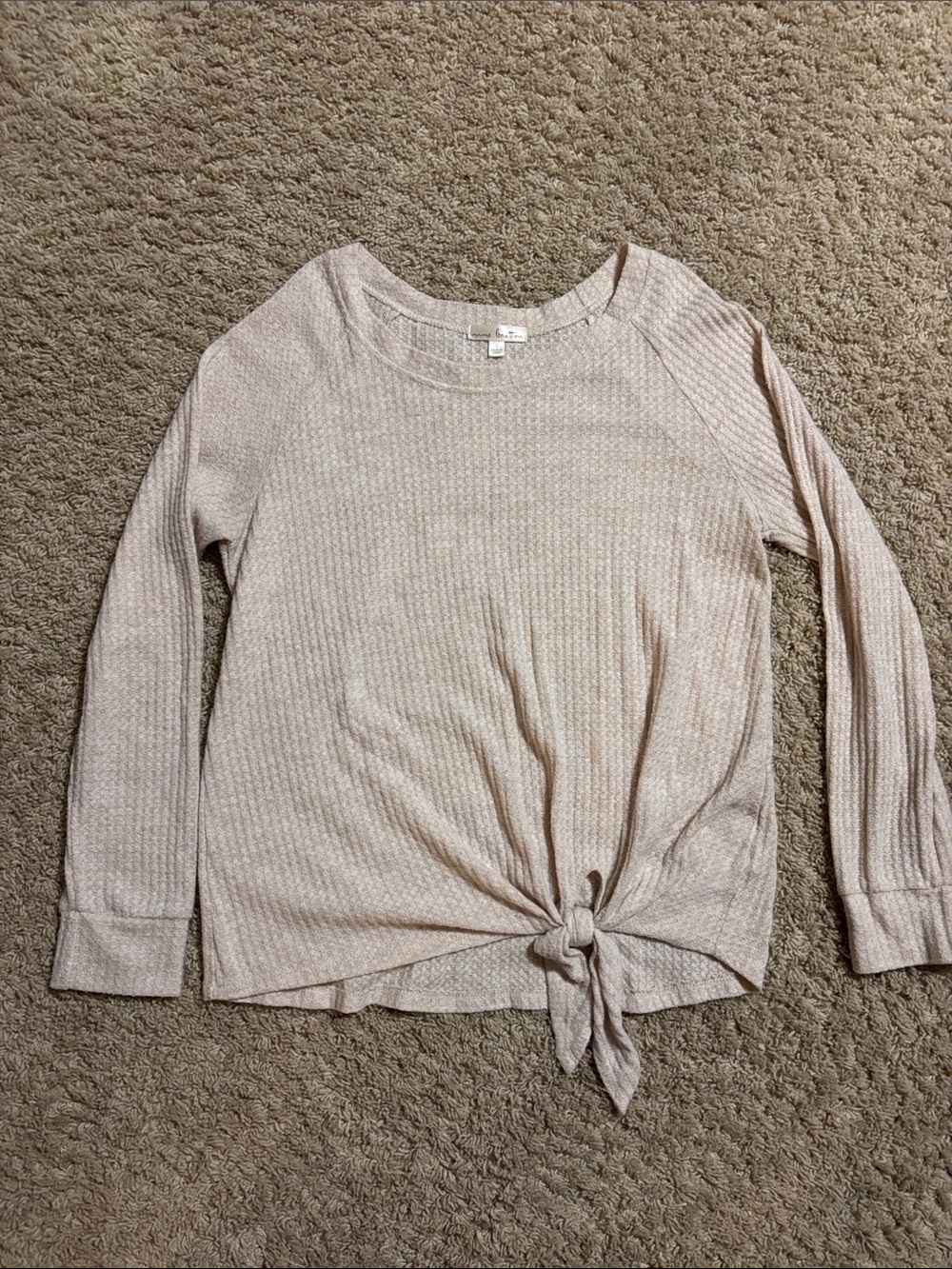 nine britton Beige Front-Tie Ribbed Long Sleeve Top
